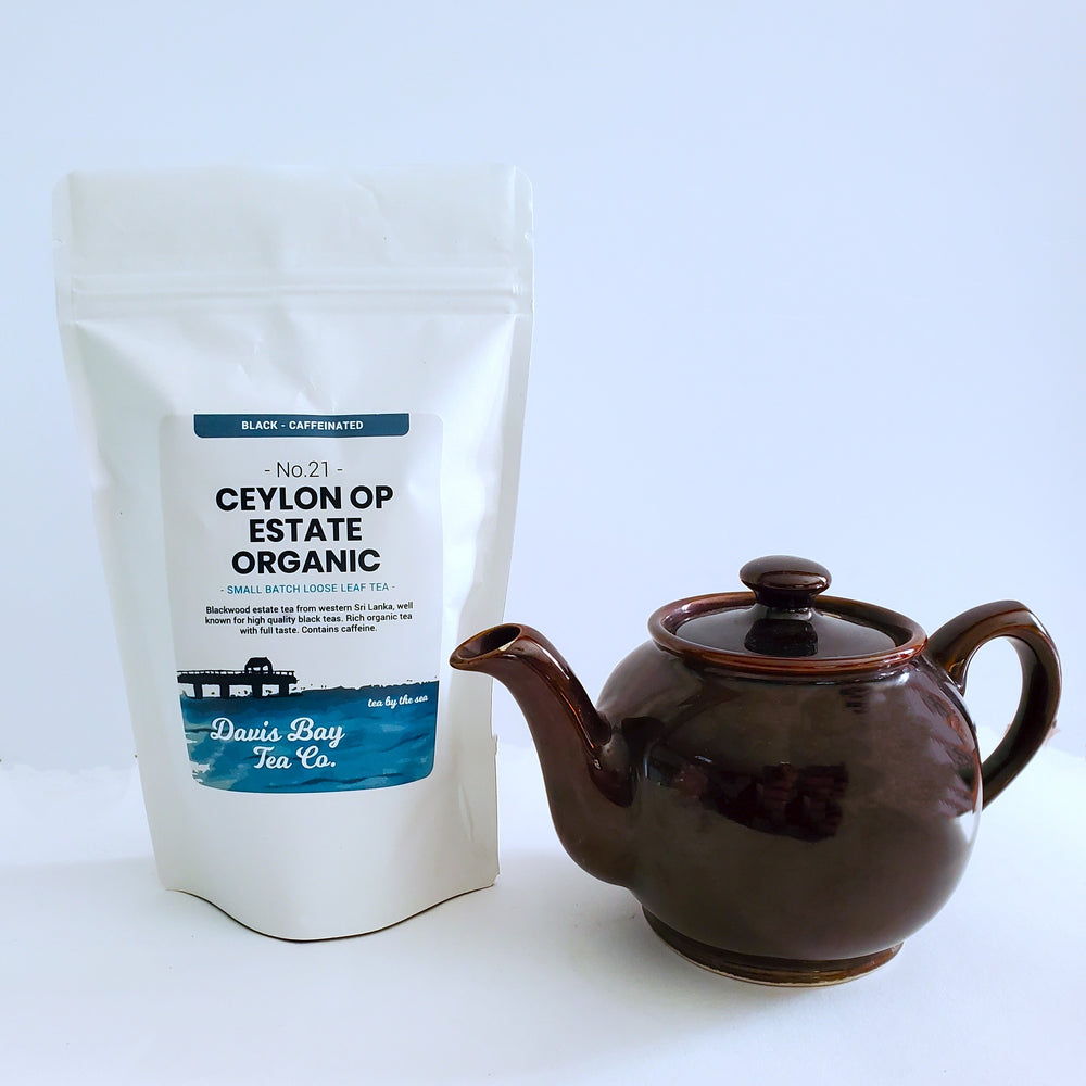 100g bag of Ceylon OP1 Estate tea with small brown betty teapot