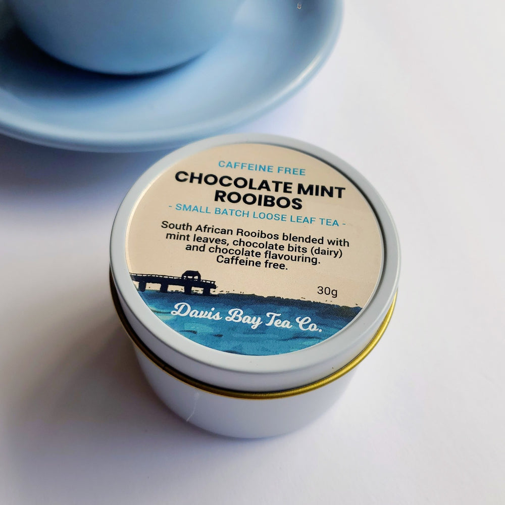 
                  
                    Tin of Davis Bay Tea Co. Chocolate Mint Rooibos tea on a light background
                  
                