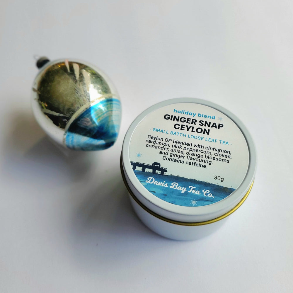 
                  
                    Tea canister labeled 'Ginger Snap Ceylon' from Davis Bay Tea Co. on a white background
                  
                