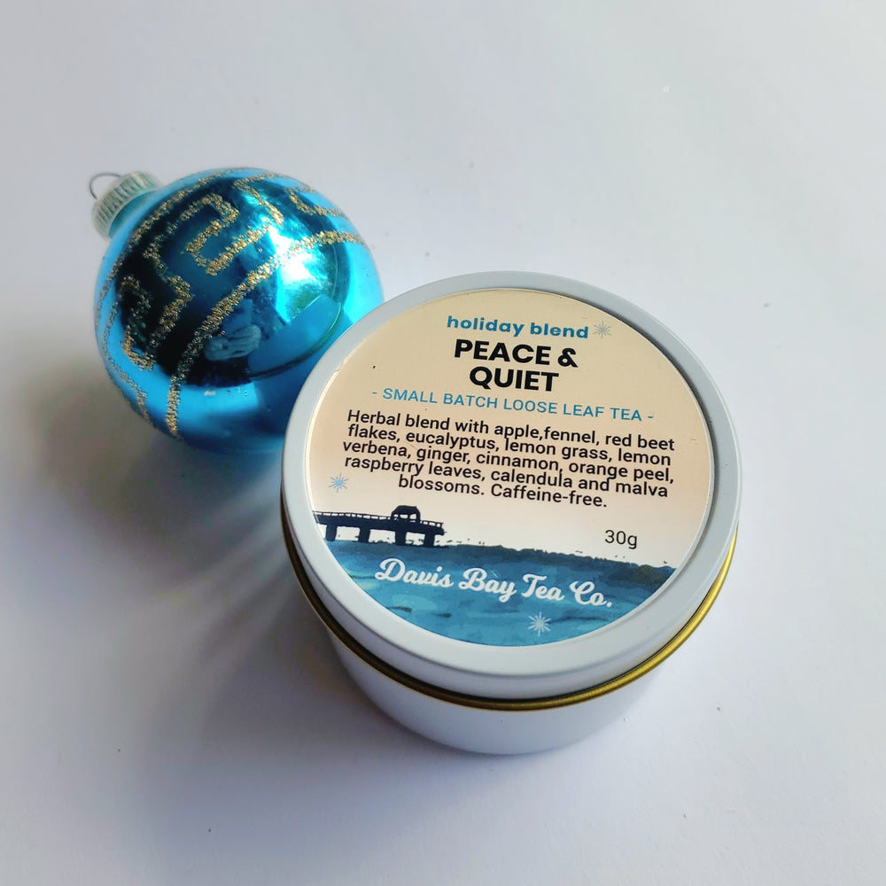 
                  
                    Tin of 'Peace & Quiet' tea blend from Davis Bay Tea Co. with a blue ornament on a white background
                  
                