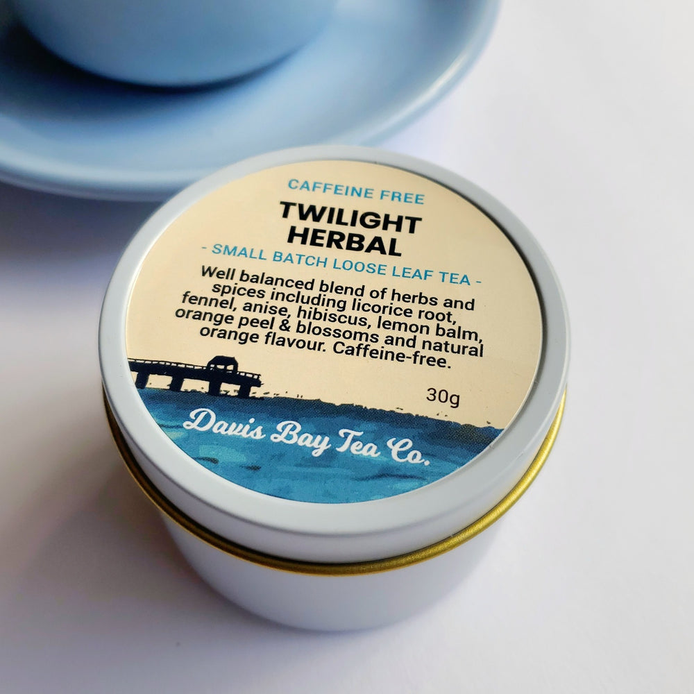 
                  
                    Tin of Davis Bay Tea Co. Twilight Herbal tea on a white background
                  
                