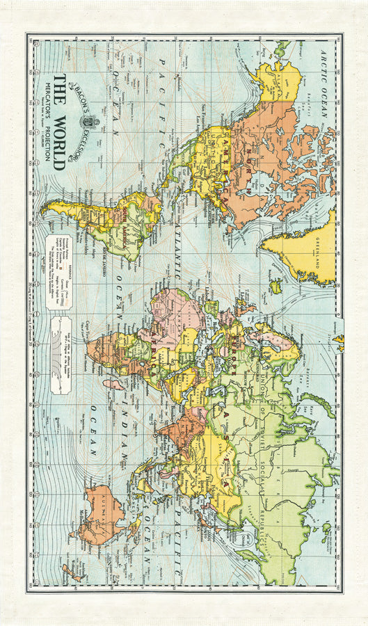 Tea towel with vintage print of world map horizontal print. Cotton tea towel from Cavallini Papers.
